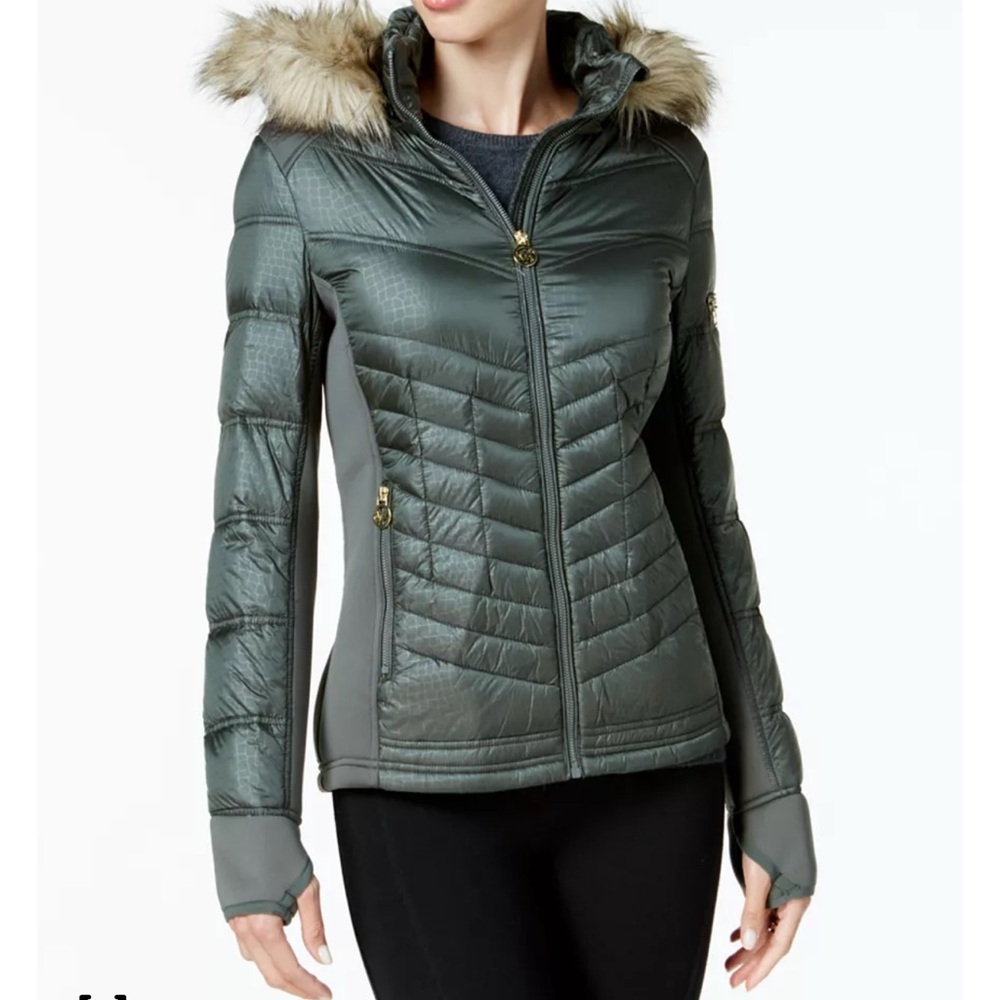 NWOT Michael Kors Green Mixed Media Puffer Jacket with Faux Fur Hood Size XL